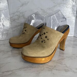 Tommy Hilfiger Shoes Womens Size 8M Tan Suede Clog Mule Platform Wooden Heel y2k